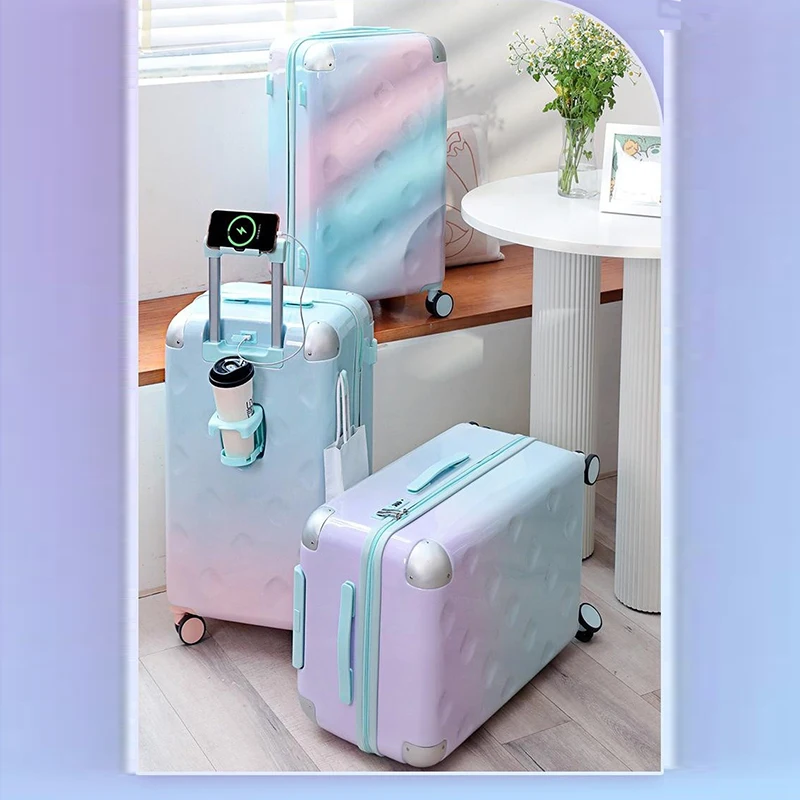 Hot selling Wholesale Gradient color PC luggage set High-end custom logo trolley suitcase colorful luggage travel bag