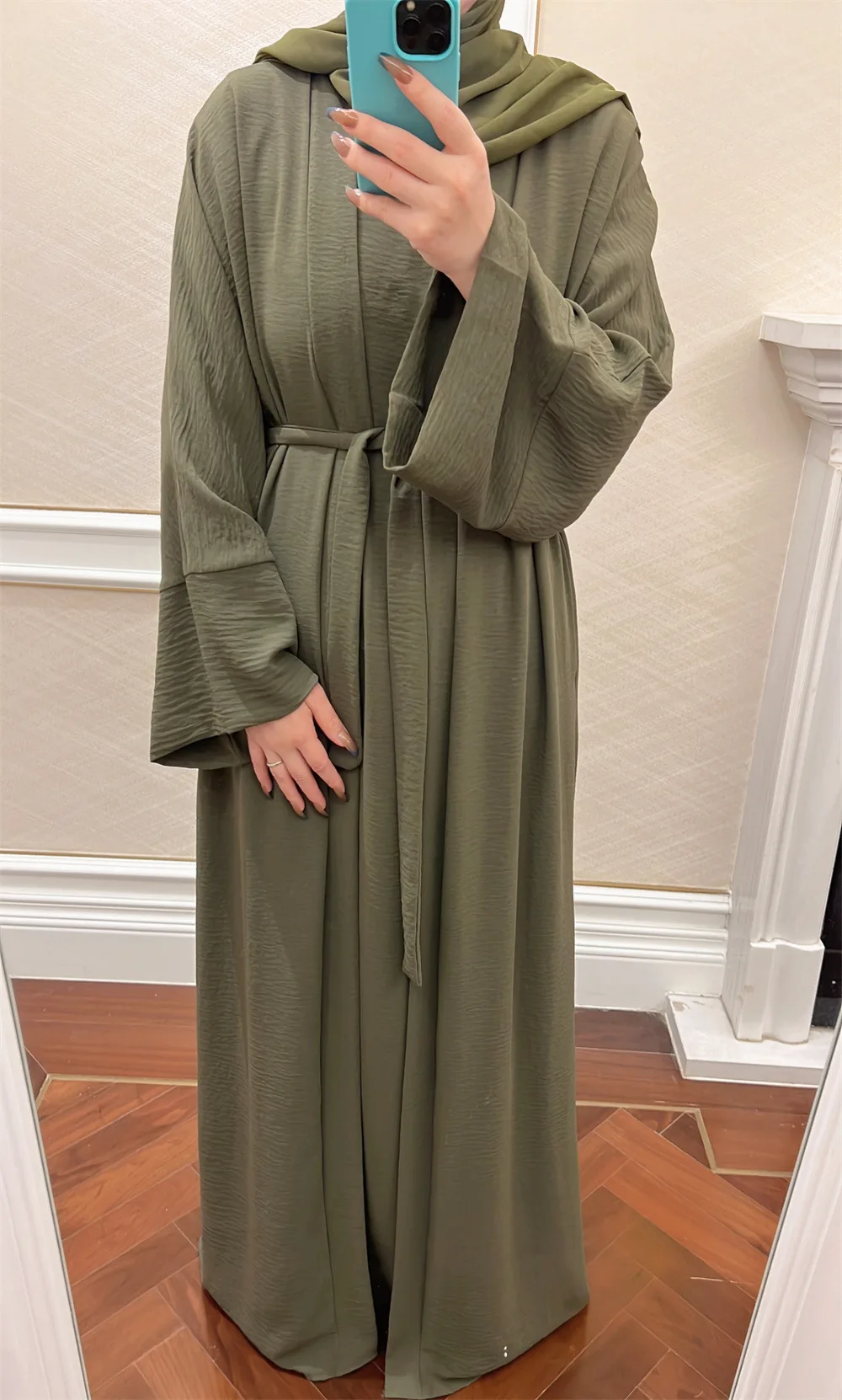 Green Avocado Colour Slip Dress Coat Set Abaya Women Muslim Dress Turkey