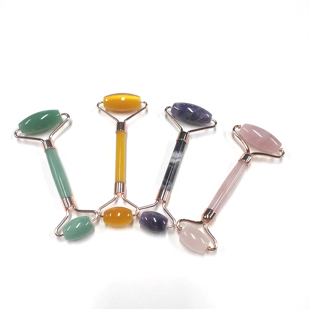Hot Selling 100% Natural Crystal and Rose Quartz Facial Massager Double Roller Beauty Jade Powder for Face Enhancement