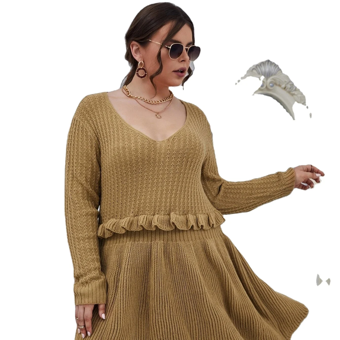 Customized LOGO Fat Women Fashion Elegant Casual Long Sleeves V-neck Peplum Knit Plus Size Sweater Dresses For Women