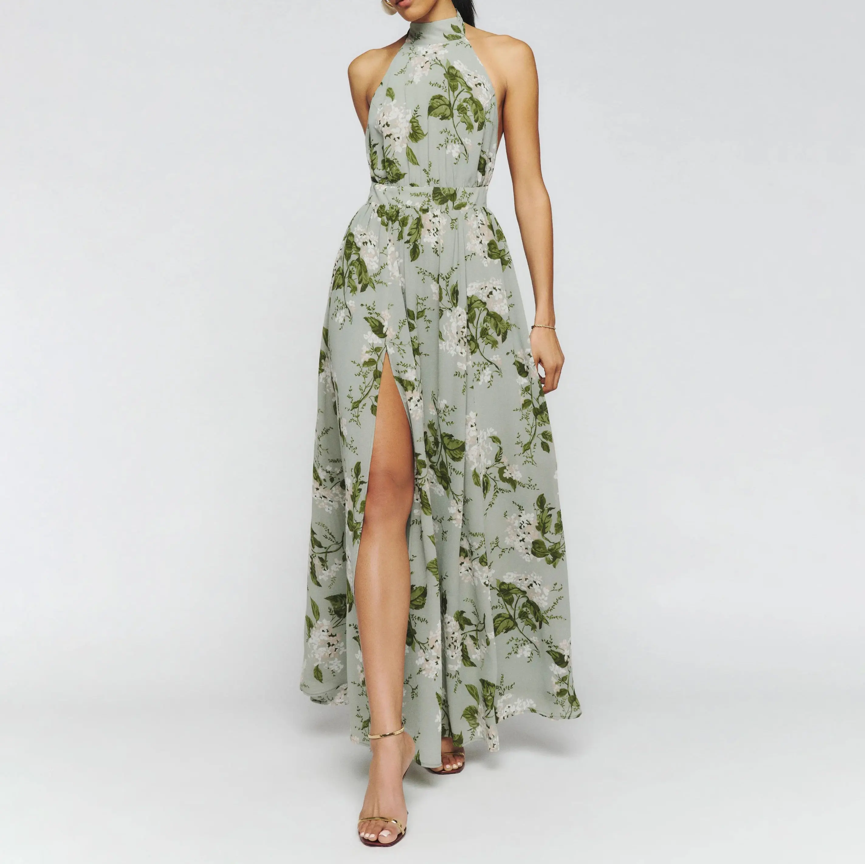 2023 Custom Label Halter Neckline Open Back Side Slit Maxi Dress Elegant Violet Evening Dress Woman Casual Dresses