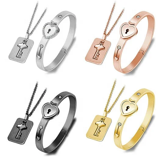 Silver/Black/Gold Stainless Steel Jewelry Sets Heart Love Lock Bracelet Key Necklace For Couples Set Women Zircon Wedding Gift
