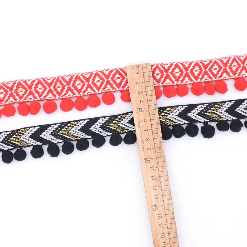 Wholesale Jacquard Pattern Pompom Lace Trims Pom Tassel Fringe Sewing on Webbing for Garment Textile Accessories