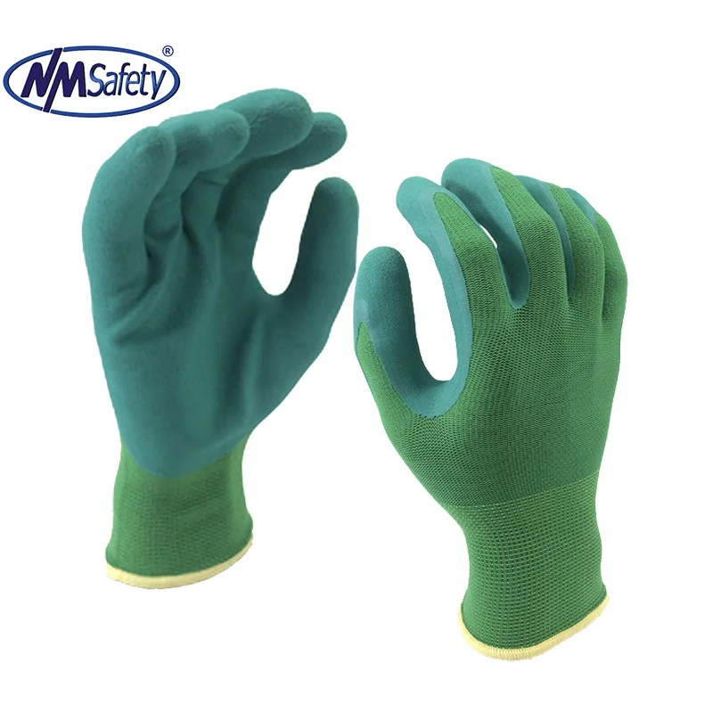 NMSAFETY OEM ODM Colored Polyester Coated Latex on Palm Hand Job Gloves Garden Work (1600387350832)