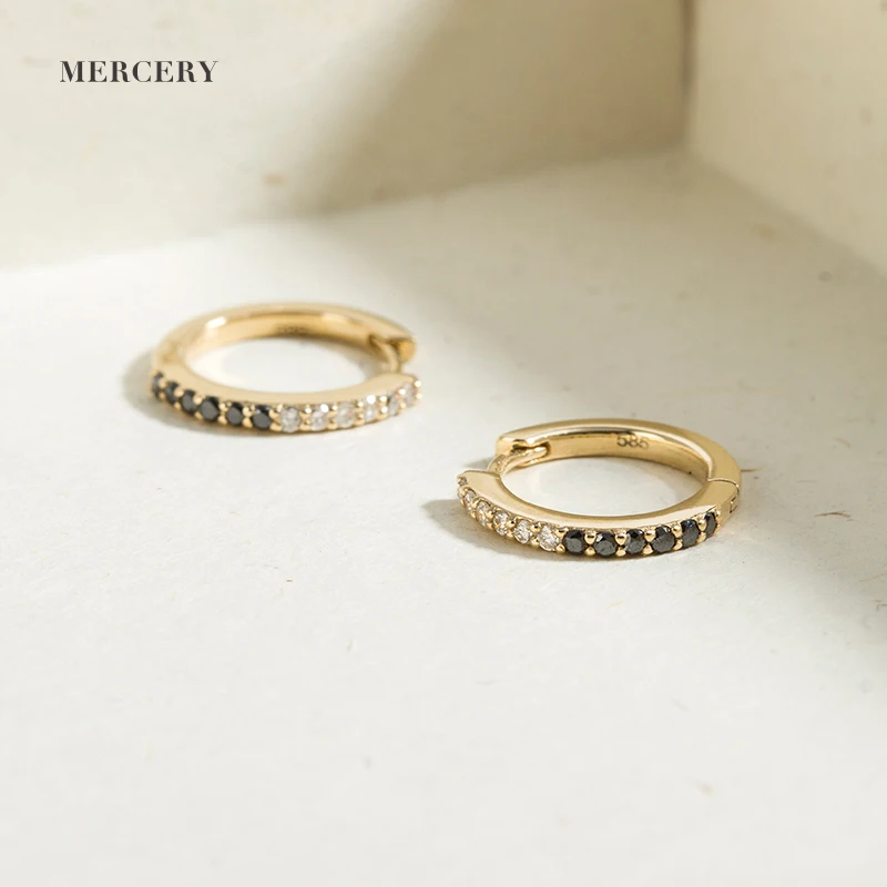Mercery 14K Solid Gold Fine Jewelry Wholesale 1 Gram Gold Beautiful Black And White Diamond Designed Huggie Earrings