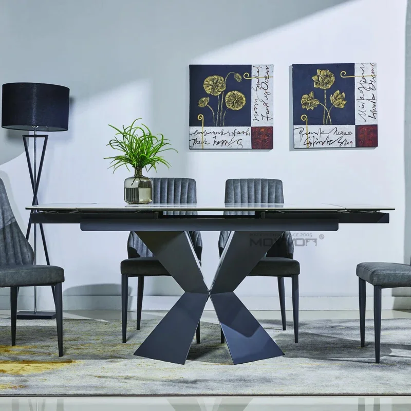 Metal Feet Dining Table Set with two side extension Ceramic glass top  extendable Dining table