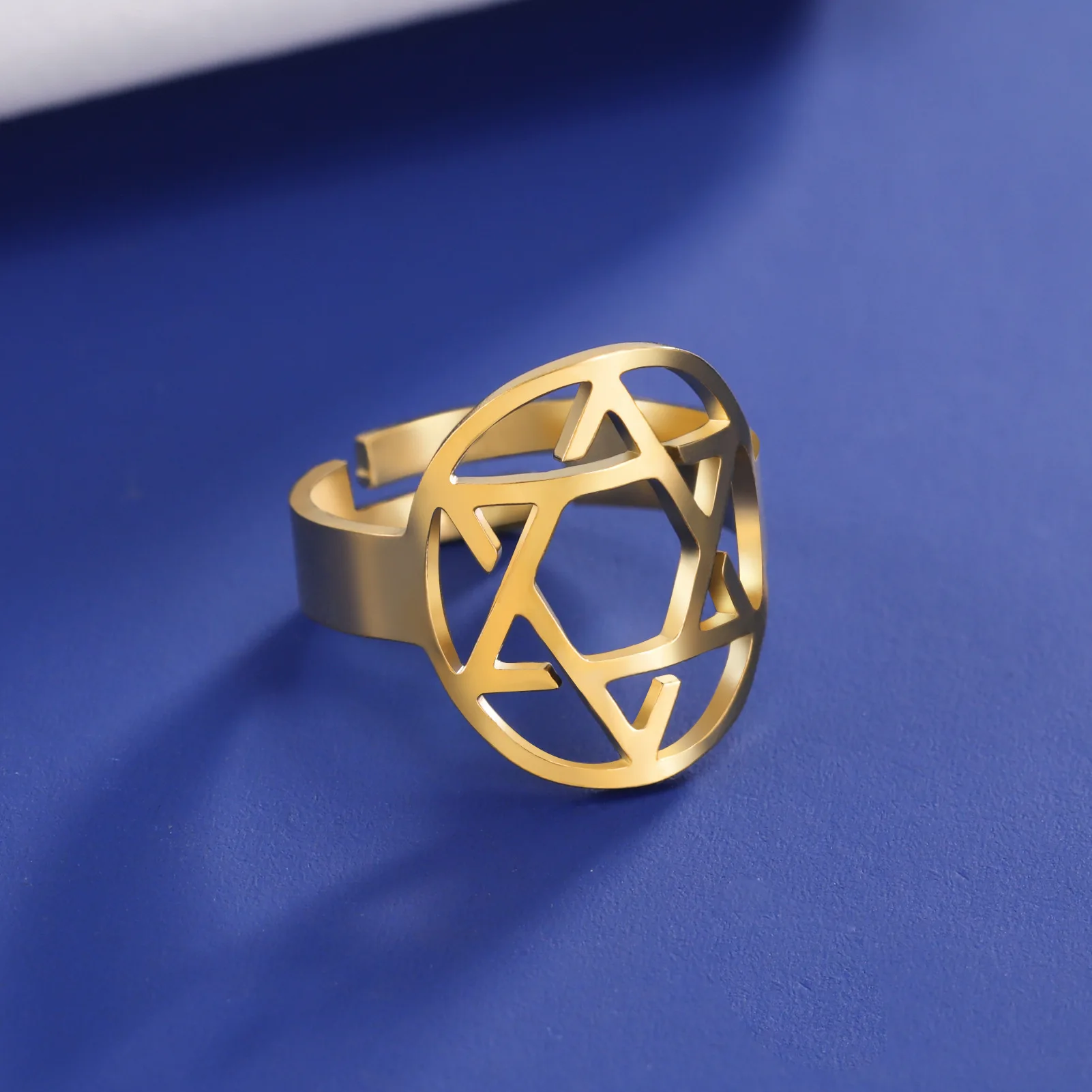 Religious Vintage Amulet Lucky Jewelry Stainless Steel 18k Gold Plated Hollow Hexagram Jewish Star Of David Opening Ring