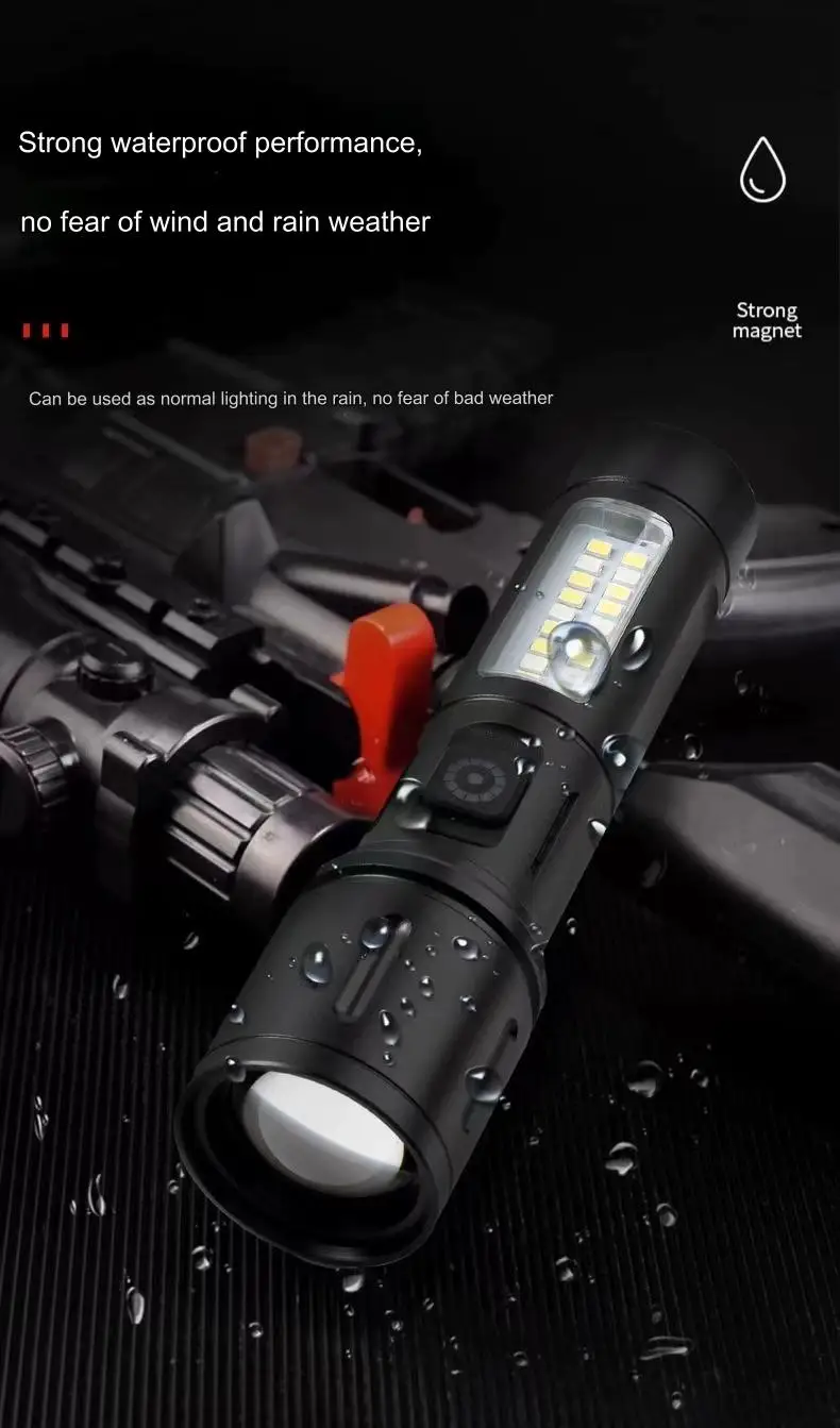 Ultra Bright LED Torch USB Type-C Charge COB Zoomable 3000 Lumens 7 Modes Torch Emergency Blue Red  Warning FlashLight