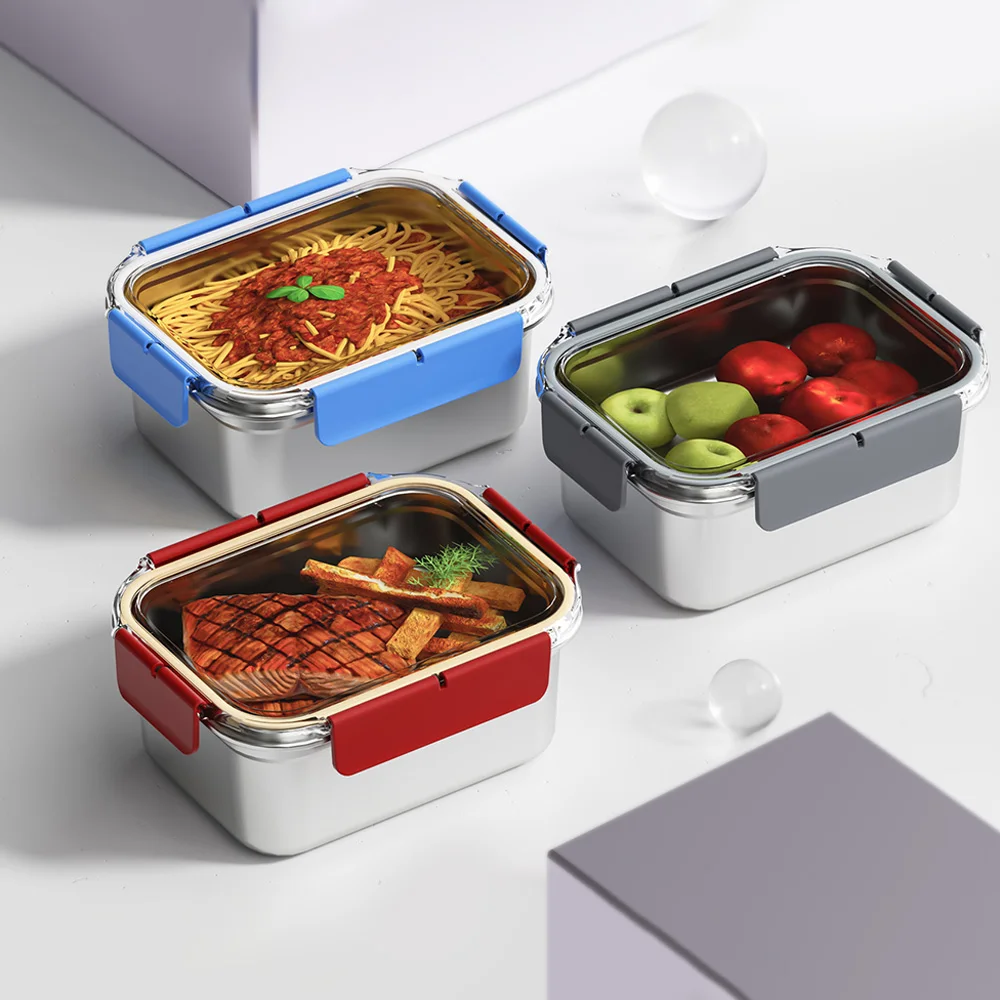 Metal Meal Prep Containers Set with Transparent Airtight Lids Microwave Safe Stainless Steel Lunch Box Bento School Picnics Work