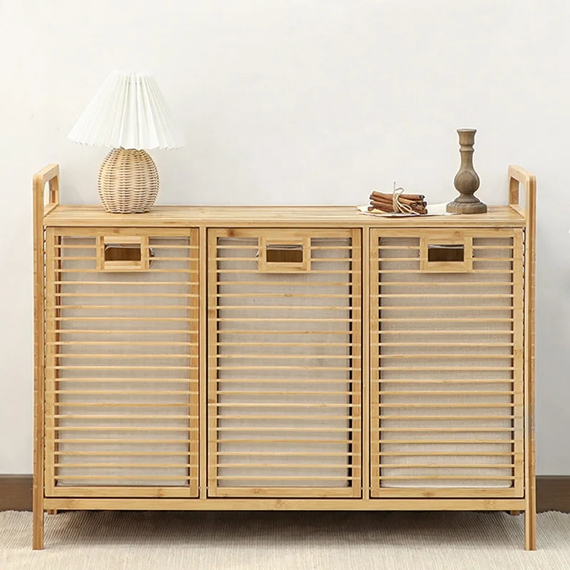 Wholesale factory outlet Bamboo organizer racks bathroom shelf  wooden storage shelves Dirty Clothes Basket