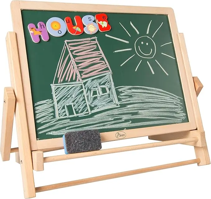 Wood Double-Sided Tabletop Easel Children Magnetic Dry Erase Whiteboard & Chalkboard, Alphabet Phonic Letters & Shapes