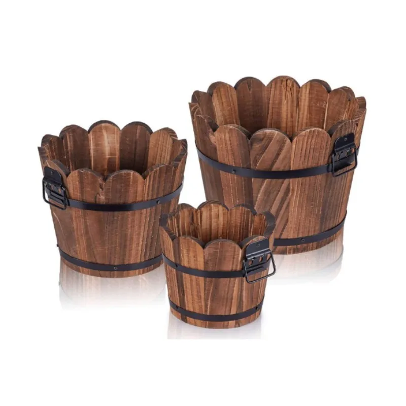 Factory custom Wood Rustic Patio Planters Flower Pots Wooden Barrel Bucket