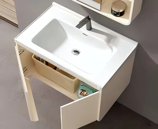 Solid Wood Lacquered Creme Fraiche Bathroom Cabinet Smart LED Mirror Large Ceramic Wash Basin High-Temperature Resistant