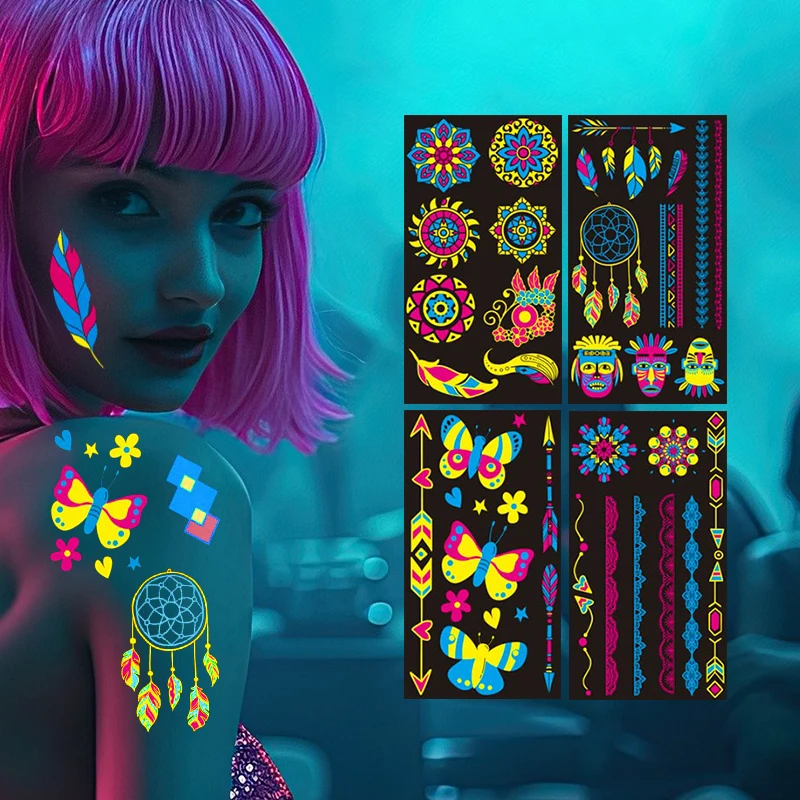 Custom 20 Sheets Fluorescence Decoration Waterproof Luminous Neon UV Tattoo Stickers  Glow in The Dark Temporary Tattoos