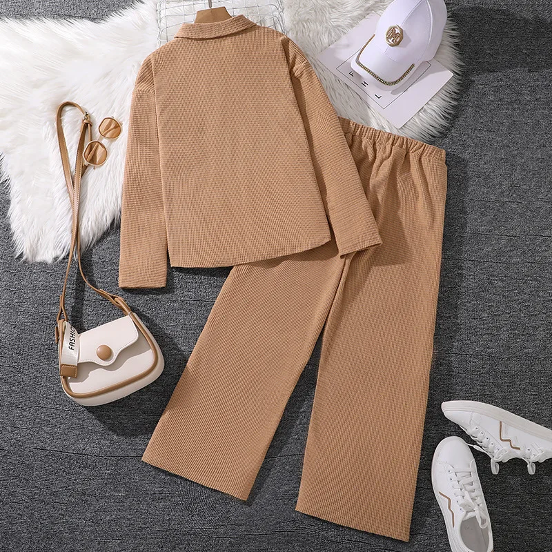 casual big kids 2 piece outfits autumn brown long sleeve lapel shirt and pants sets 2024