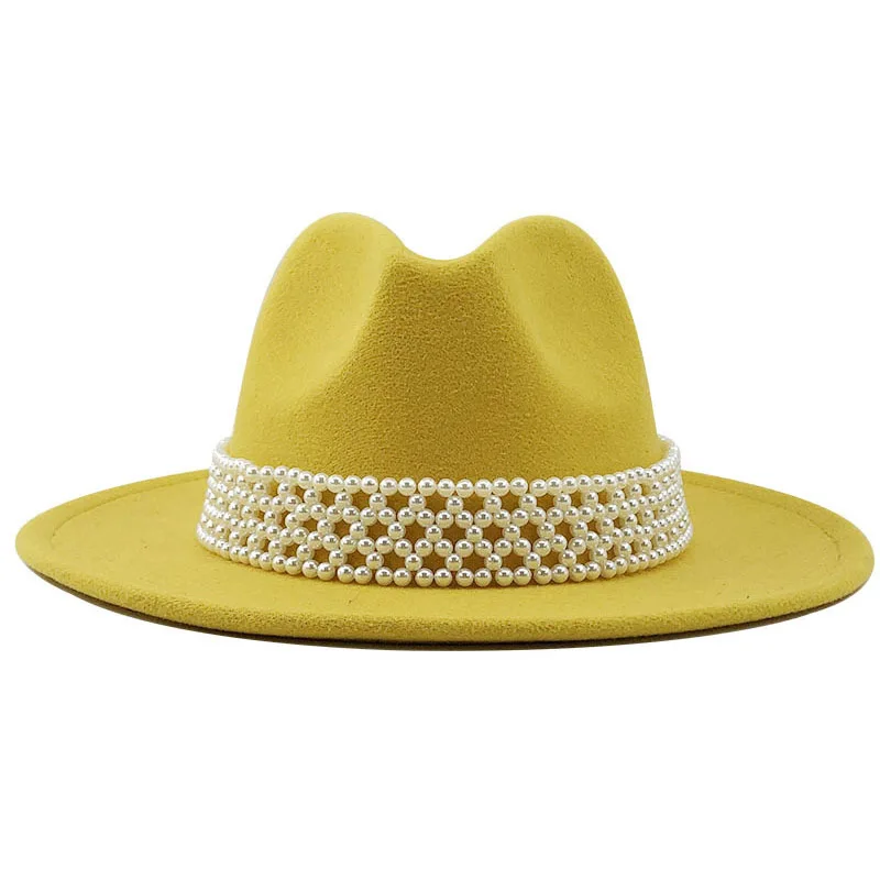 Wholesale Custom OEM Flat Brim Luxury Woolen Hat Cloche Pearl Belt Jazz Hat