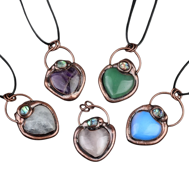 Wholesale European Vintage Heart Shape Natural Syn.Opal Stone Pendant Retro Red Copper Charm Necklace