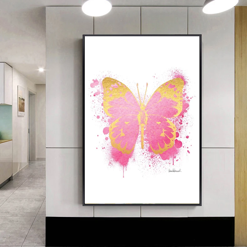 Modern Contemporary Wall Art Abstract Oil Decorative Painting Foil Beautiful Butterfly Red Purple Color Golden Canvas Animal