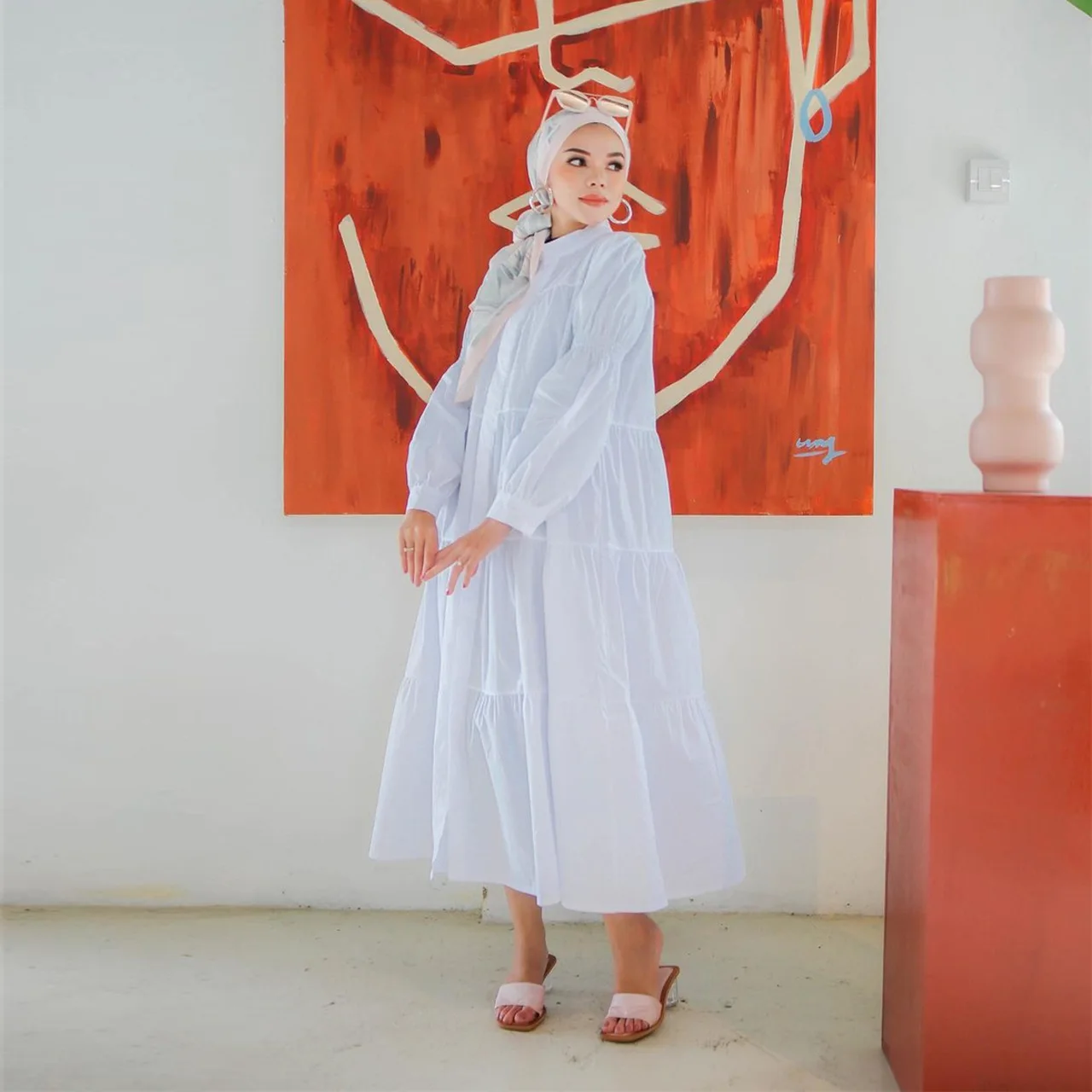 2024 Indonesia Muslim Solid Casual Dress Loose Daily Crew Neck Dress Cotton Patchwork Abaya Dress Kaftan with Buckle