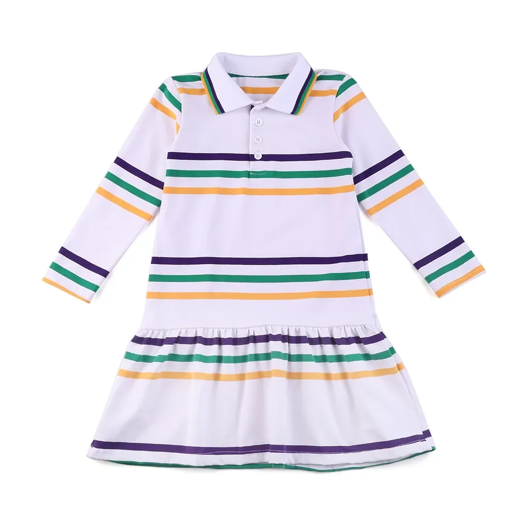 Mardi gras kids boys girls outfits cotton long sleeve yellow purple green stripe ribbed collar dress and romper for toddler