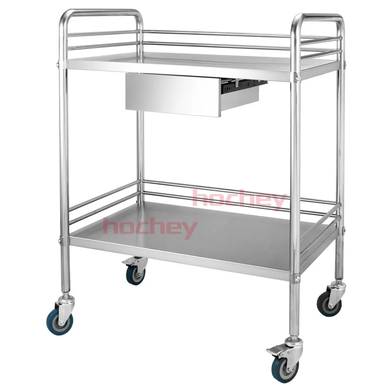 Hospital Instrument Trolley Stable 2 Layers Medicine 304 SS Cart Dressing Trolley Medical Trolley Cart With Drawer