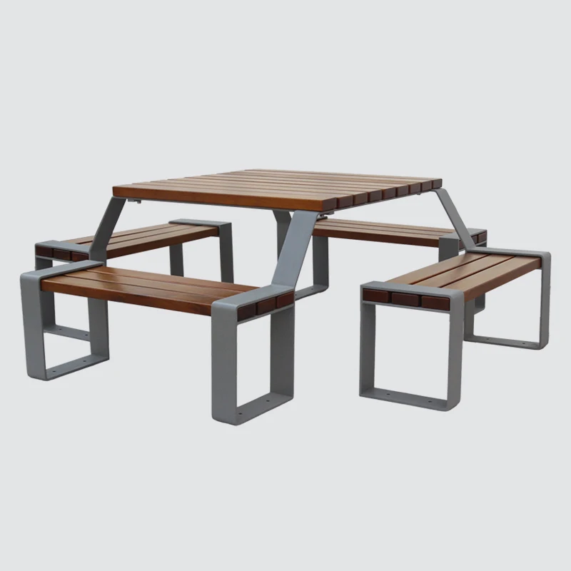 Heavy Duty Commercial Outdoor 4 Seat Picnic Table Outside Garden square Metal and Wood Out Door Dining Table with Bench