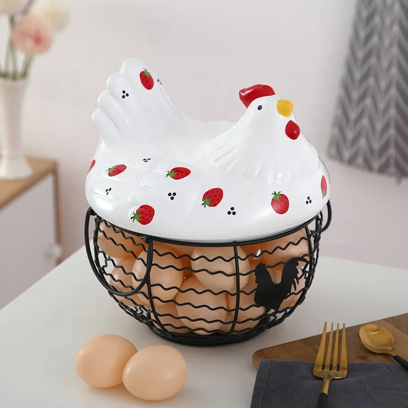 new design wholesale iron hen egg handing storage kitchen food vegetable galic fruit basket with ceramic chicken shaped lid