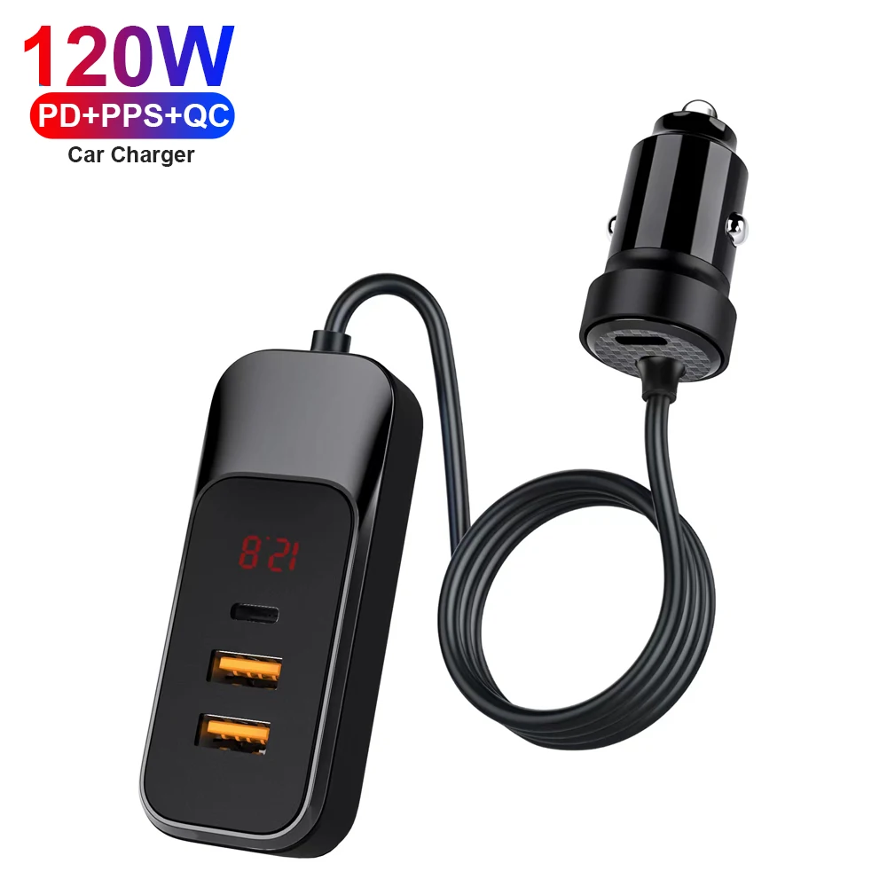 Multi USB Port PD 3.0 120W Car Charger Extension Cord 1.5M Cable For iPhone Rear Back Seat Clip Vehicle Quick 30W Car Adapter