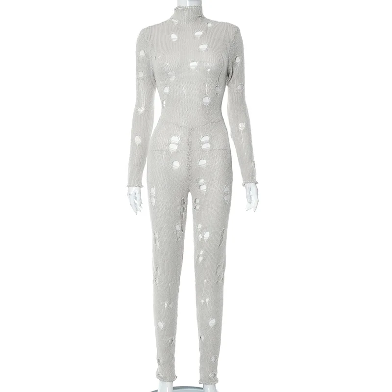 Sharee Novel Clothing Back Bandage Long Sleeve Bodycon Knitted Jumpsuit Hollow Out Ribbed Jumpsuit Women