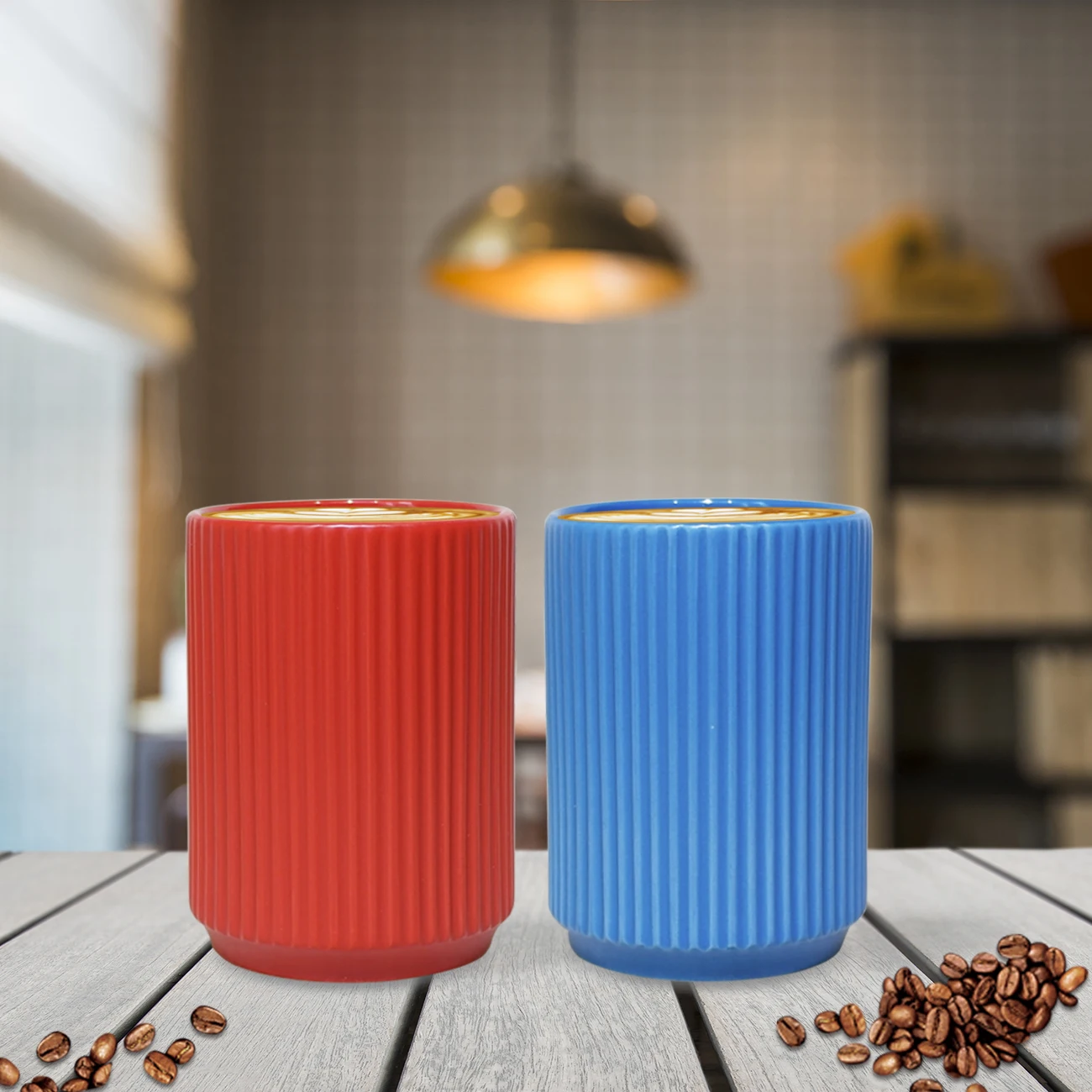 300ml Red Japanese Style Ribbed Ceramic Cup for Back to School with Beautiful Japandi Design Set Of 4