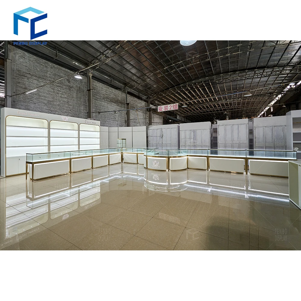 Led Lighting White Gold Jewelry Shop Display Cabinet Modern Mdf Jewelry Showcase Display Cabinet For Shopping Mall