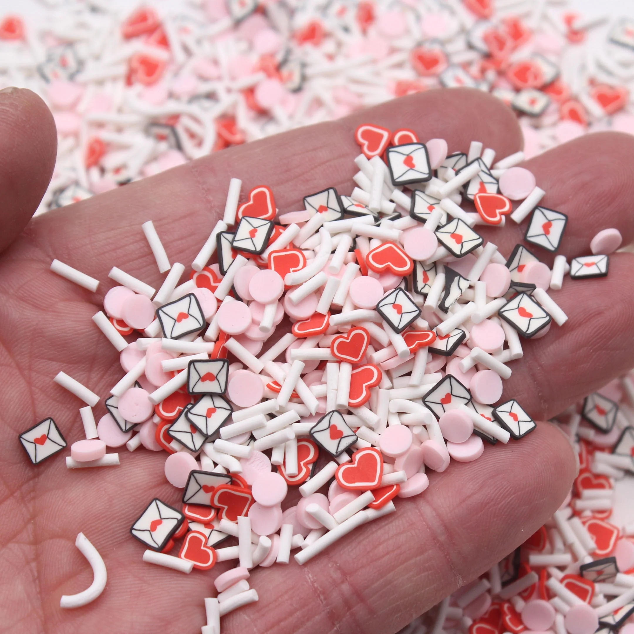 1KG Valentines Themed Clay Slice Red Heart Love Envelope Faux Candy Round Sprinkles Tumbler Shaker Filler