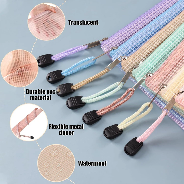 Waterproof A3 A4 Mesh Zipper Pouch PVC File Document Bag for Travel School and Office for Organizing