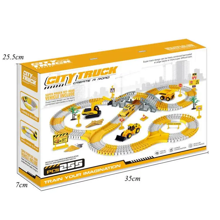 225PCS DIY Assemble Electric Railway Vehicles Slot Toy  Engineering Rail Car Race Track Toy Car with 4 Mini Cars