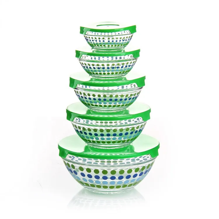  5pcs Hot Sale eco friendly Round Home Clear Heat Resistant With Lid Fruit Salad Food Glass Bowl