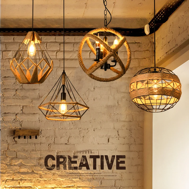Hemp rope lamp retro industrial style cafe bar table restaurant creative personality American country small chandelier