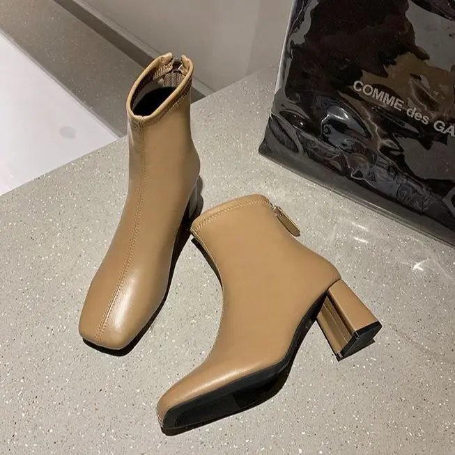 Корейские модные Универсальные женские сапоги с квадратным носком на низком каблуке