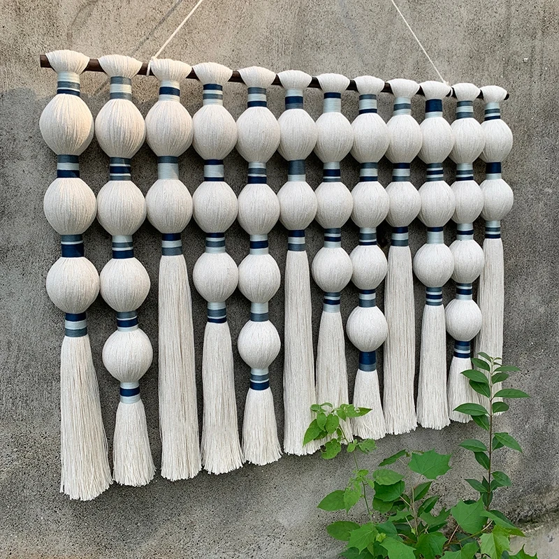 White Black Taupe Fiber Art Macrame Yarn Wrapped Ball Macrame Mural Modern Wall Hanging Macrame Wall Decor for Dining Room