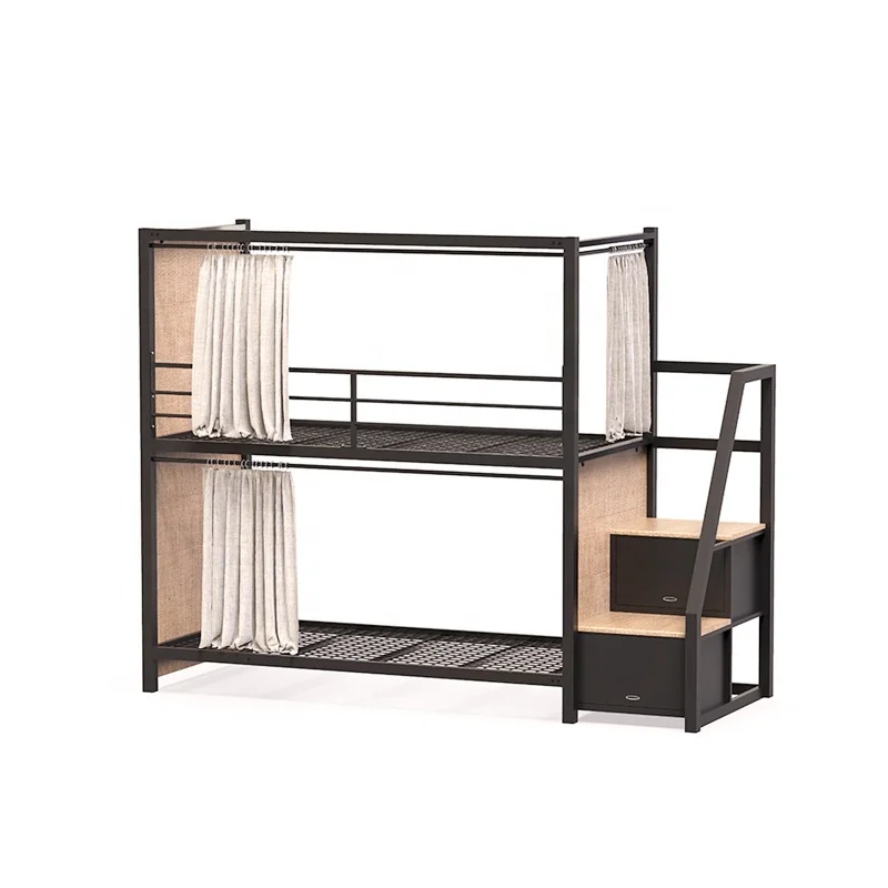 Modern dormitory metal double bunk bed with desk and wardrobe