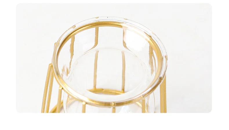 Nordic simple gold geometric iron hydroponic metal vase living room table top decoration glass flower vase ornaments