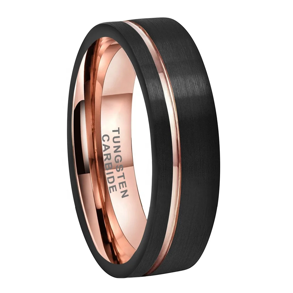 Coolstyle Jewelry 8mm Black Rose Gold Tungsten Carbide Ring for Men Women Wedding Band Offset Line Pipe Cut Brushed Comfort Fit