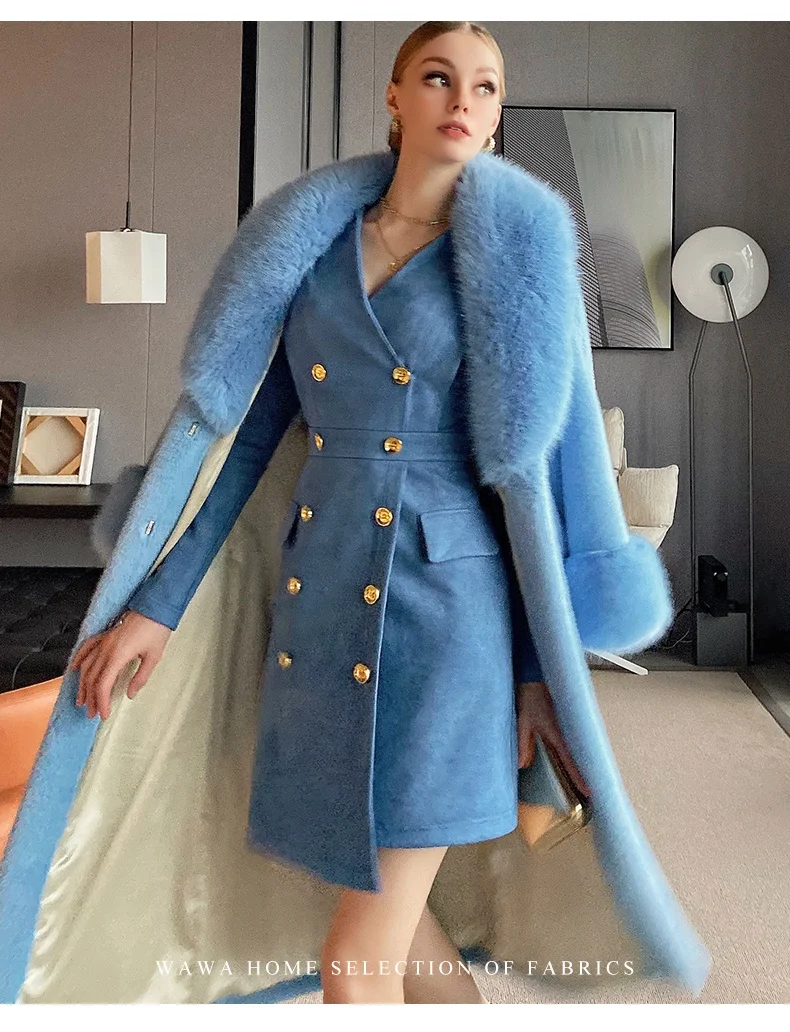 Winter Fashion Plus Size Warm Mink Fur Trench Long Coat With Fur Lapel And Cuff Faux Fur Trim Jacket For Women Winter Coat