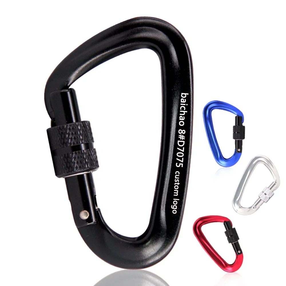 OEM/ODM 7075 Aviation aluminum metal 12KN screw LOCKING 80mm D shaped snap carabiners wholesale for backpack  camping hiking