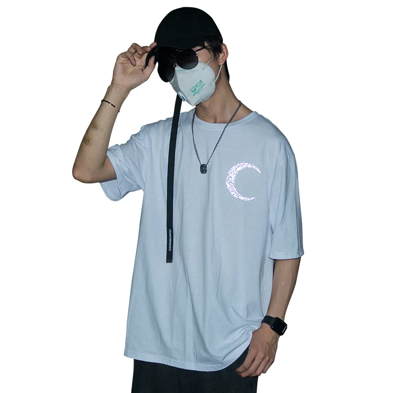 Wholesale Cotton Avocado Green Round Neck Off Shoulder Night Shiny Reflective moon t shirt men