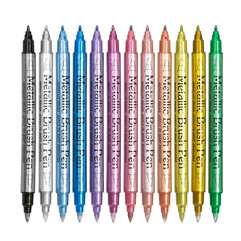 Metallic Colors Dual Tips Marker Pen, Brush and Fine Tips 12 Metal Colors
