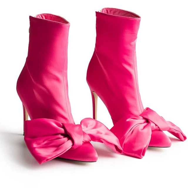 
2020 sexy customize pink big silk bow zipper mid-calf thin heel boots for women 