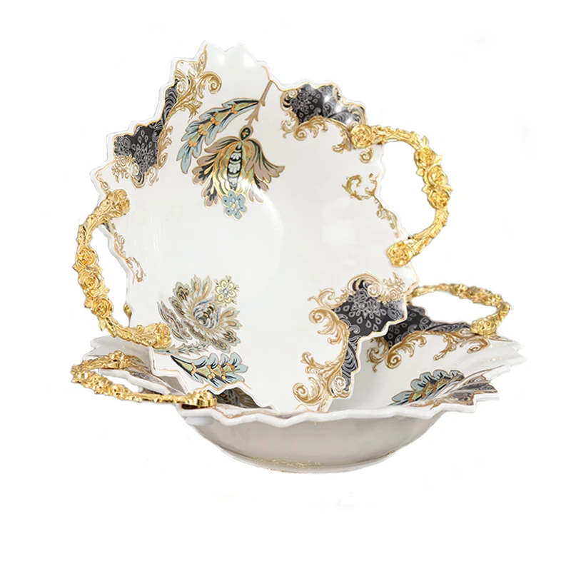 Luxury Irregular Shape Ceramic Bowl Basket Sets With Brass Handle Decoration For  Fruit Candy Chocolate Dry Food