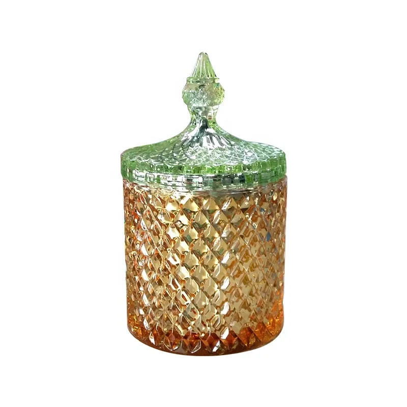 High white glass candy pot with lid new cylindrical shape food storage jar with big diamond design classic candy sugar gar