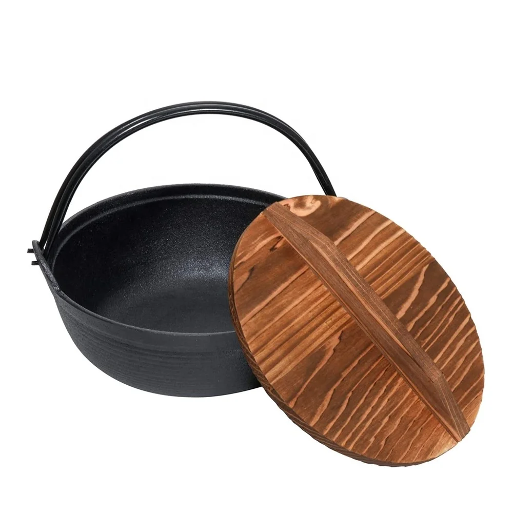 Japanese Design Cast Iron Nabe Sukiyaki Nabemono Personal Size Hot Pot With Wooden Lid