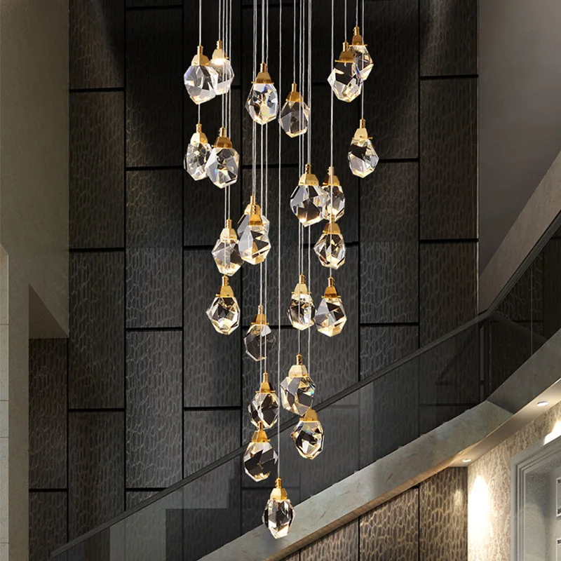 long crystal chandelier spiral chandelier for home hotel Copper metairal +k9 crystal led stairs lights pendant lights
